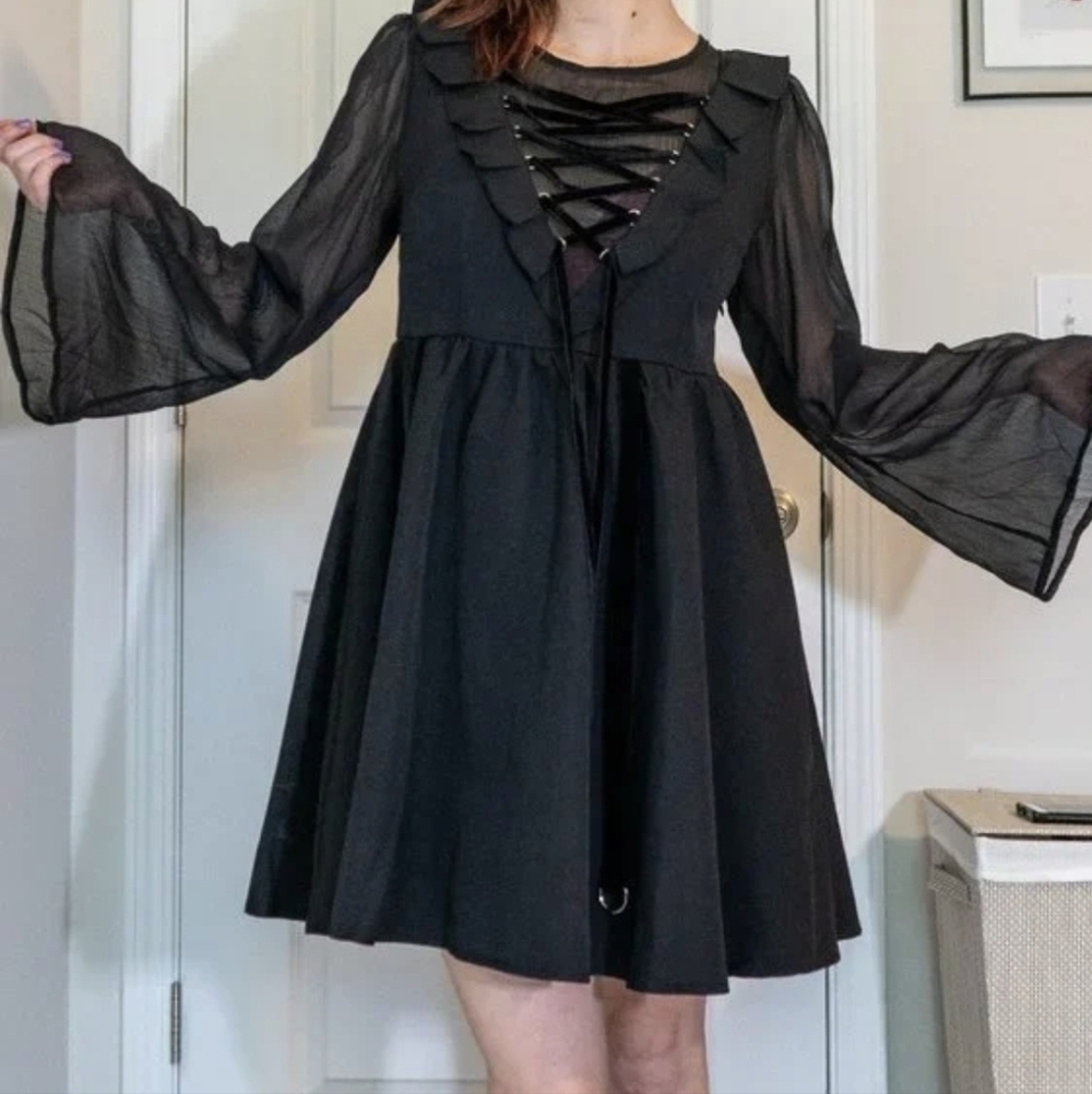 Disturbia Black Lace-Up Mini Dress with Sheer Bell Sleeves